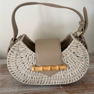 J. McLaughlin Taupe Woven Shoulder Bag with Bamboo Detail